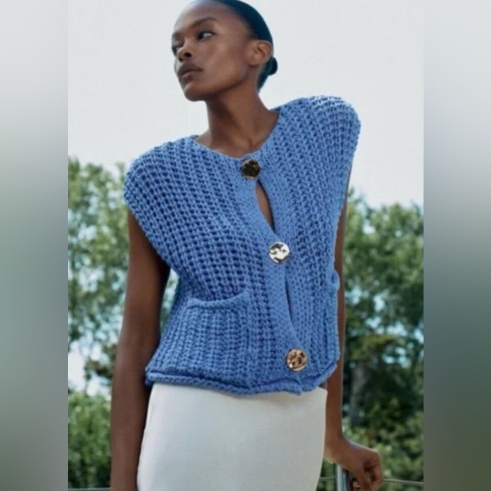 Zara Blue Knit Button-Front Sweater Vest Medium - Picture 2 of 2